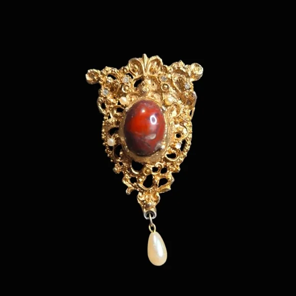 Vintage Gold Tone and Red Stone Brooch with Faux Pearl Drop - Picture 1 of 2